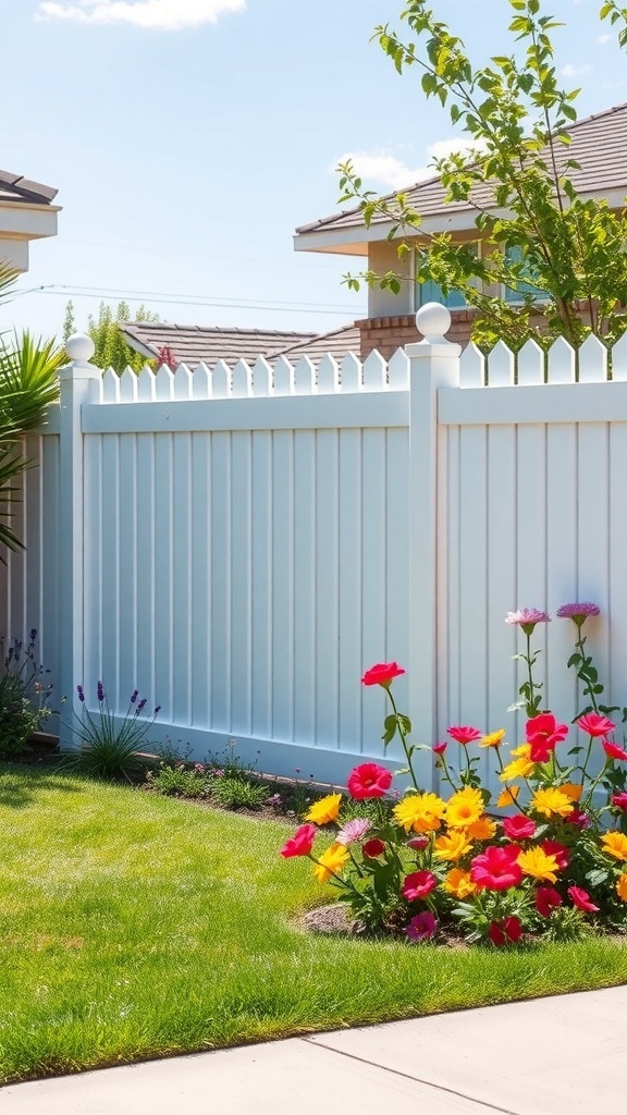 A white vinyl fence with colorful flowers in front, showcasing a neat and attractive yard.