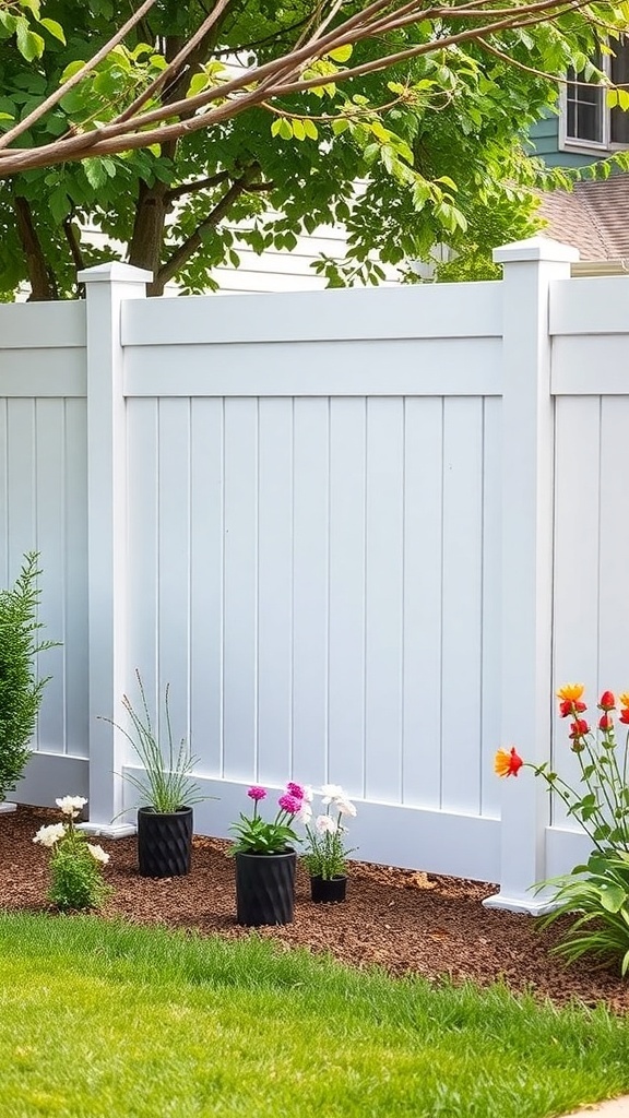 A white vinyl panel fence with colorful flowers and green grass.