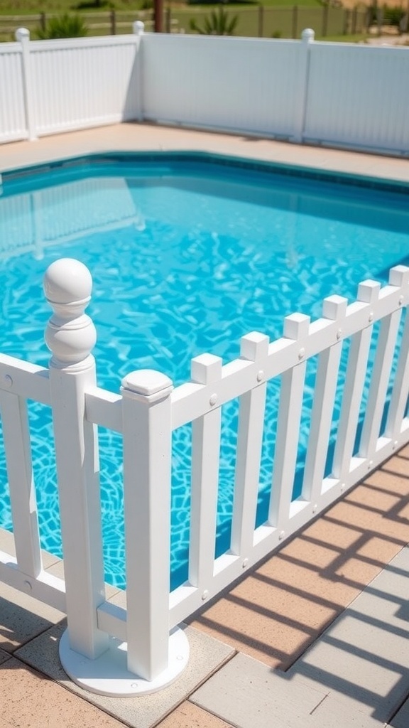 A clean and modern vinyl pool fence surrounding a clear blue swimming pool.