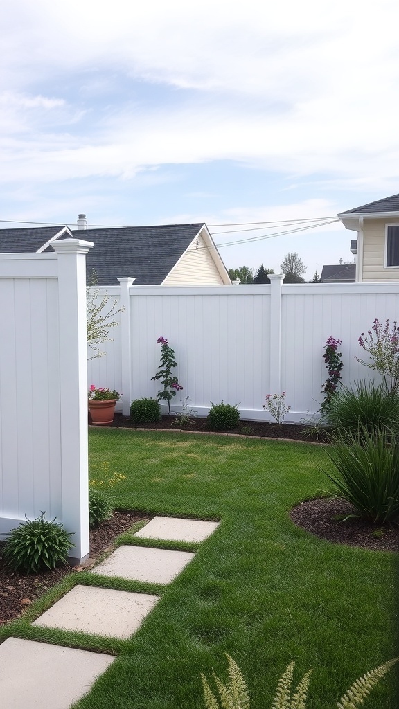 A vinyl privacy fence surrounding a well-kept backyard with green grass and flower pots.