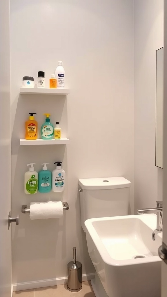 A bathroom with wall-mounted shelves displaying various toiletries and a toilet.