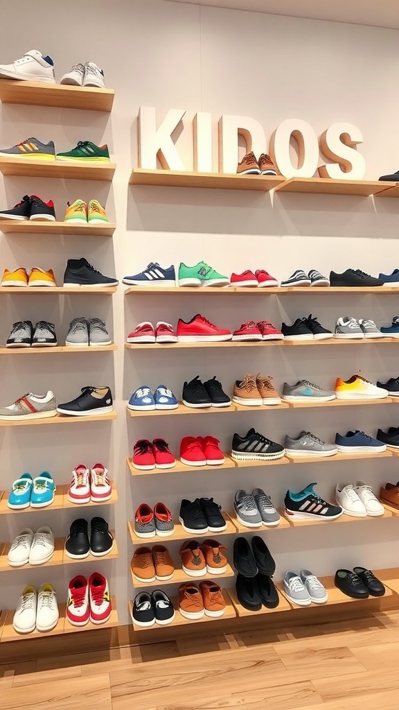 Colorful wall-mounted shoe shelves displaying various kids' shoes.