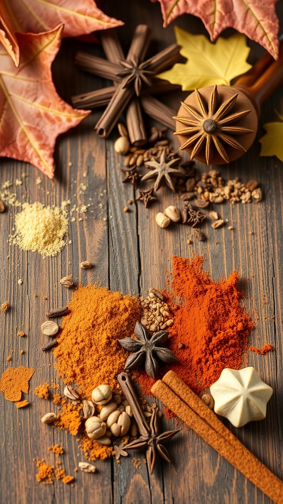 An assortment of warm autumn spices on a wooden surface, surrounded by colorful leaves.