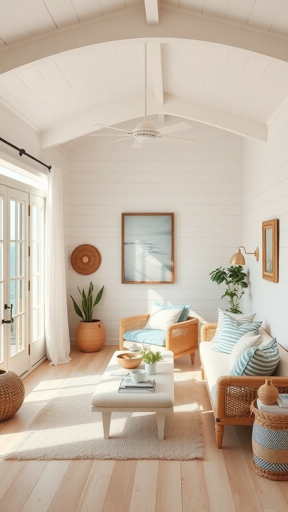 A cozy beach house interior featuring warm coastal colors, including soft whites and gentle blues.