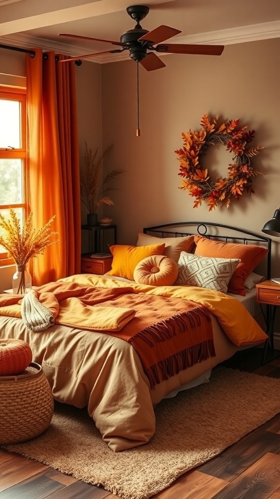 A cozy autumn-themed bedroom with warm colors, featuring orange curtains, a bed with orange and beige bedding, and decorative pillows.
