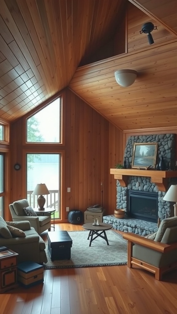 Cozy lake house interior featuring warm wood paneling and comfortable furniture.