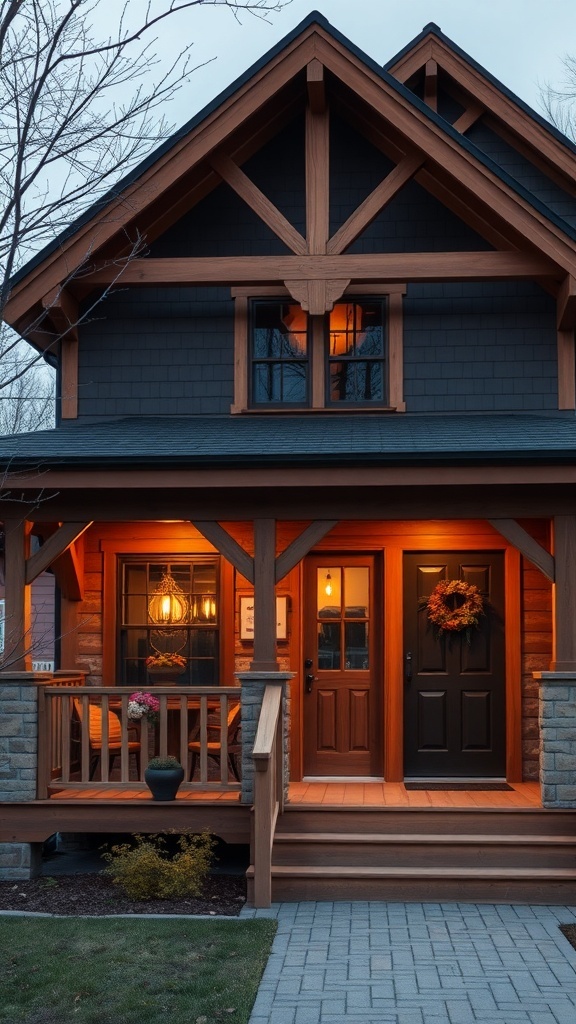 Cozy house exterior with warm wooden accents and inviting porch.