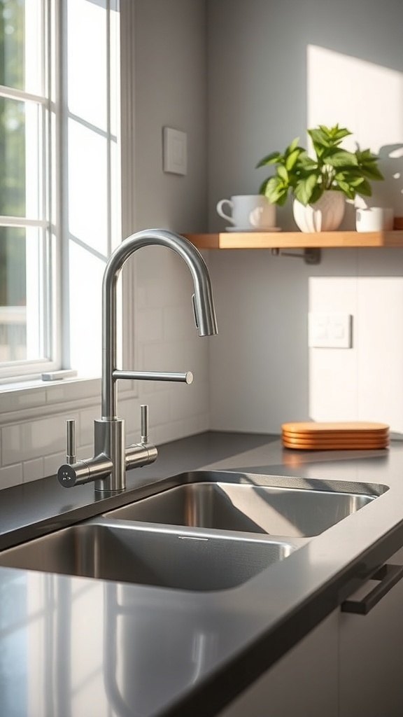 A modern kitchen sink with a sleek water-saving faucet and a small plant on the shelf.