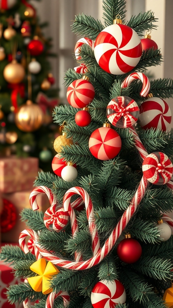 A Christmas tree decorated with red and white peppermint ornaments and candy canes, creating a whimsical Candyland theme.