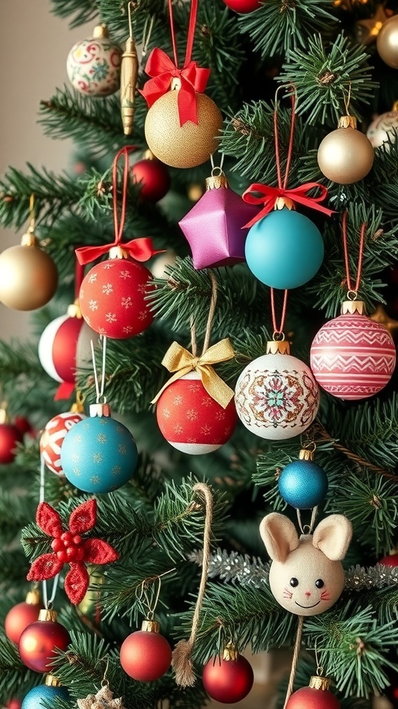 A close-up of a Christmas tree adorned with colorful handmade ornaments, including baubles and a cute mouse decoration.