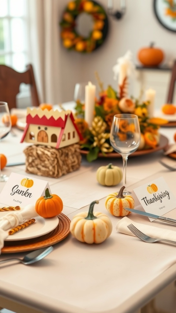 A whimsical Thanksgiving tablescape featuring tiny pumpkins, a decorative house centerpiece, and personalized name cards.