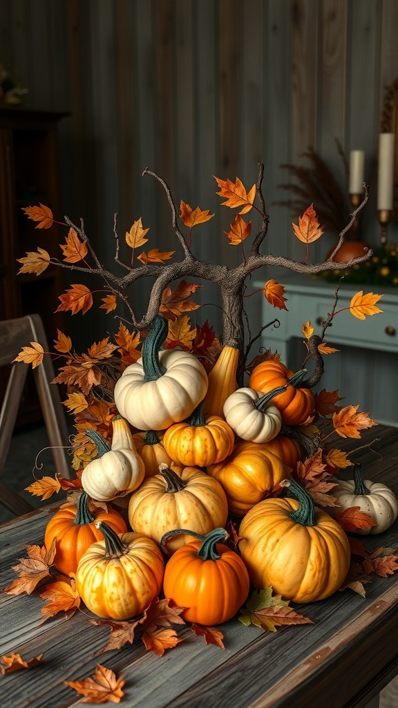A whimsical pumpkin centerpiece featuring a mix of orange and white pumpkins with autumn leaves.