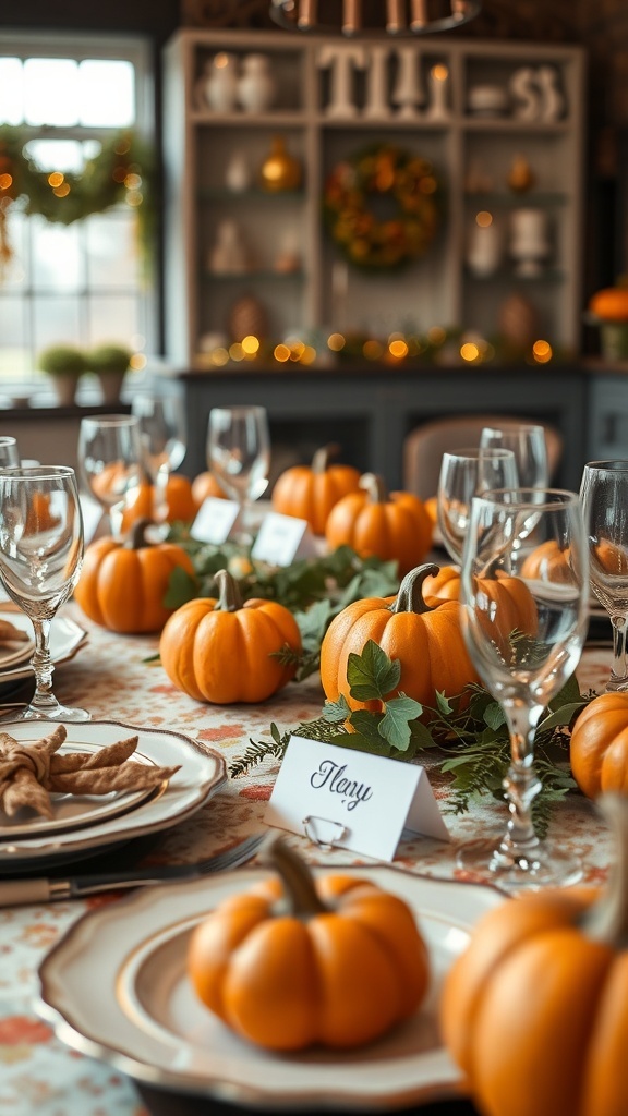 A fall-themed table setting featuring small pumpkins as place cards, with name cards beside each pumpkin.