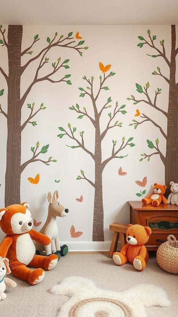 Kids room with woodland theme featuring tree decals and plush animals.