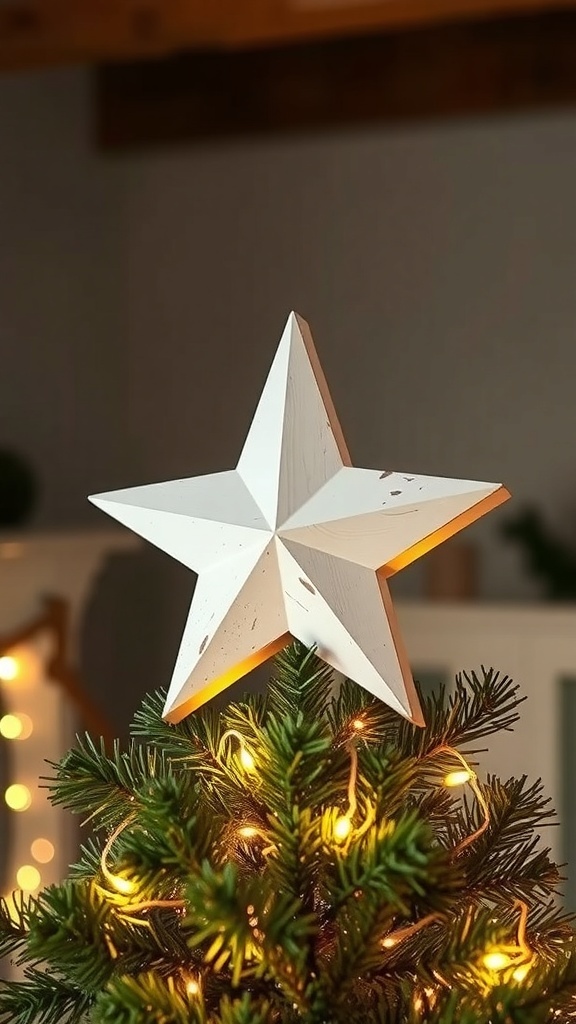 Whitewashed wooden star tree topper on a Christmas tree