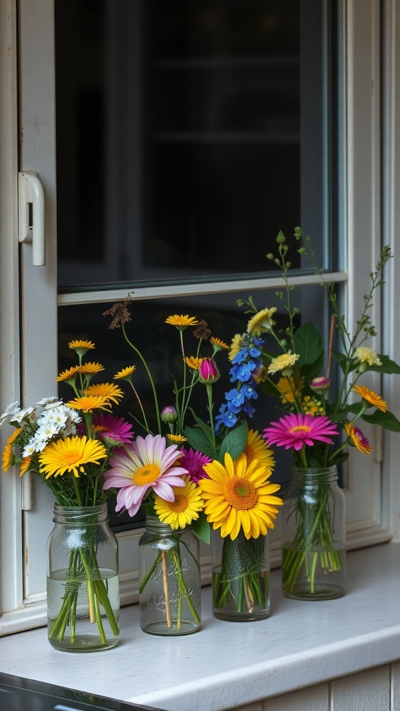 Colorful wildflower bouquets in mason jars on a kitchen windowsill.