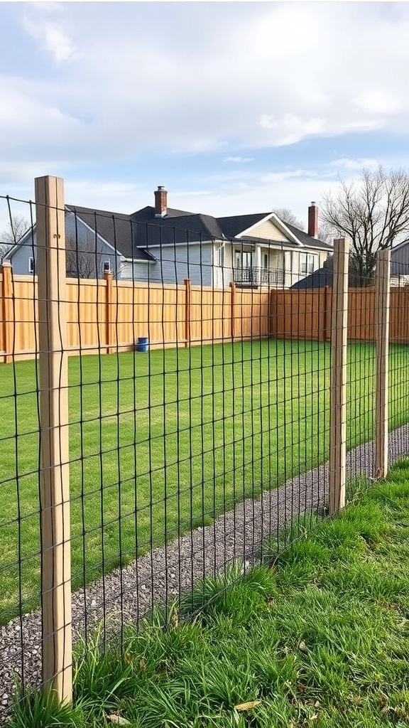 A fence made of wooden posts and wire mesh, enclosing a grassy area.