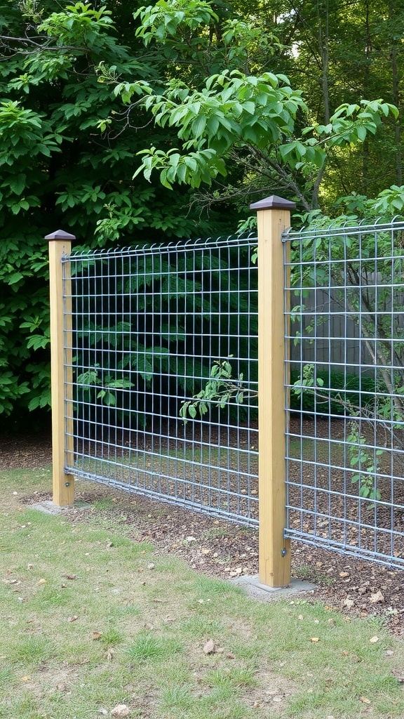 A fence made of wire mesh attached to wooden posts, surrounded by greenery.