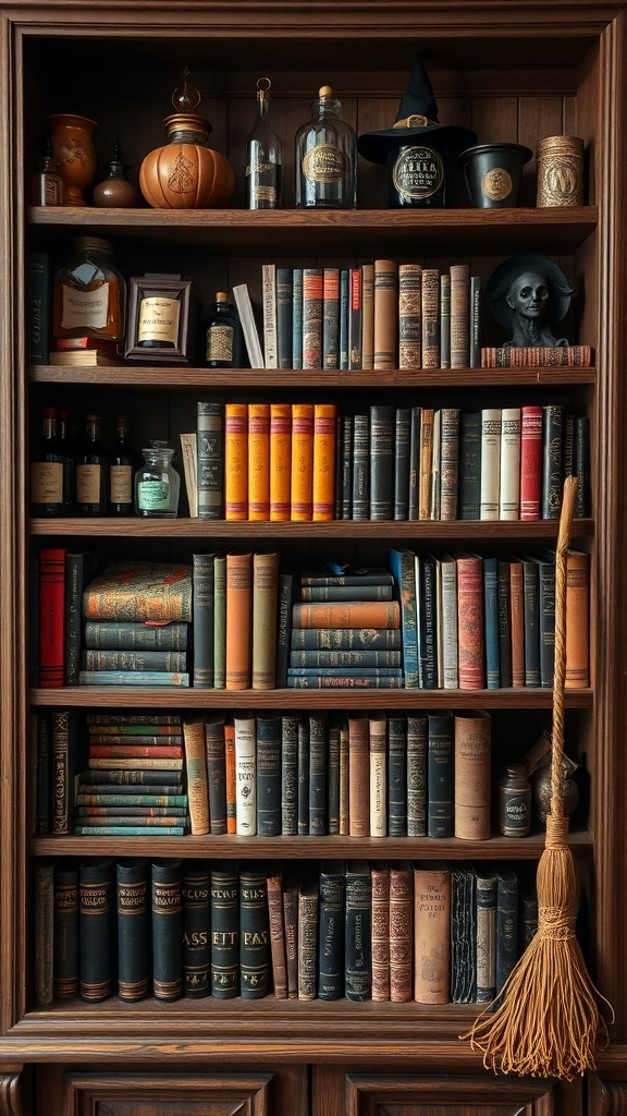 A wooden shelf filled with old books, potion bottles, and witch-themed decor items.