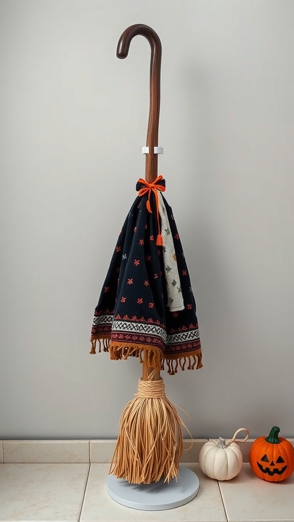 A broomstick towel holder with a colorful towel and decorative pumpkins