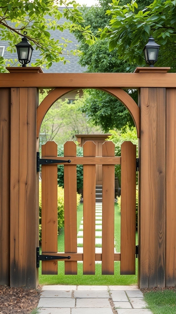 Wood fence with a gate entry, featuring lanterns and a pathway.