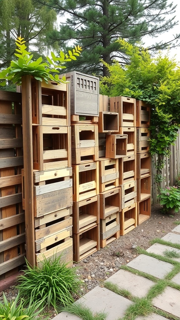 Wooden crate fence design with greenery and stone pathway.