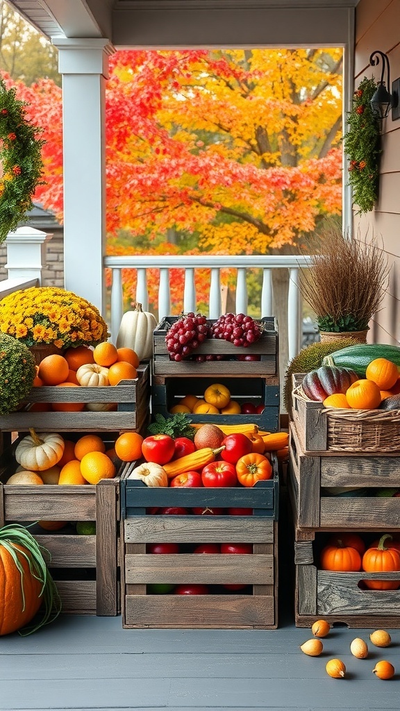 Wooden crates filled with pumpkins, fruits, and flowers for fall decor.