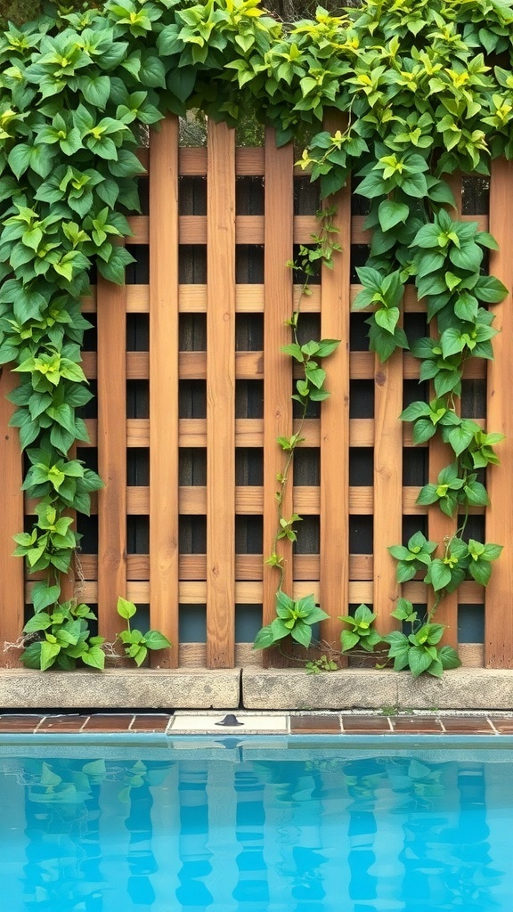 Wooden lattice fence with green vines near a swimming pool