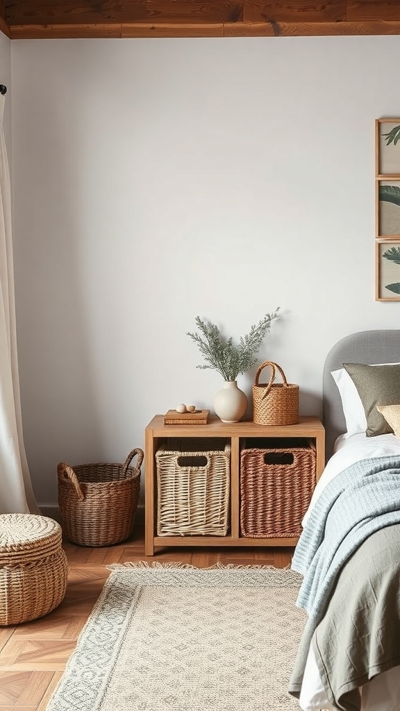 A cozy bedroom featuring woven baskets for storage, adding a warm touch to the decor.