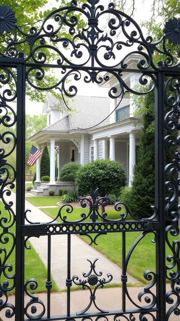 A wrought iron fence with decorative patterns, leading to a charming home with a well-kept front yard.