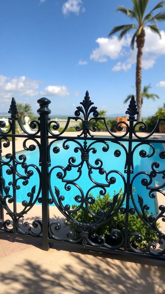 Wrought iron fence surrounding a pool with a clear blue sky and palm trees in the background.