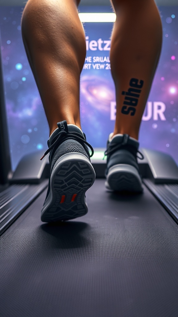 A close-up view of a person wearing 3D-printed sneakers while running on a treadmill.