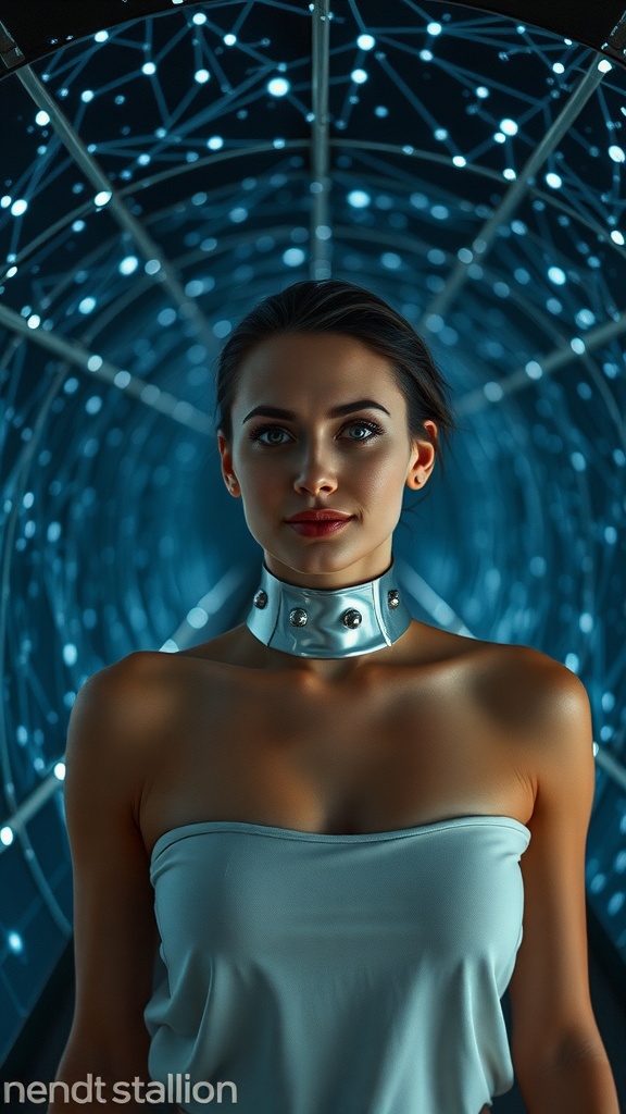 A model wearing a shiny Starlace Neck Cuff in a hologram tunnel with glowing lights.