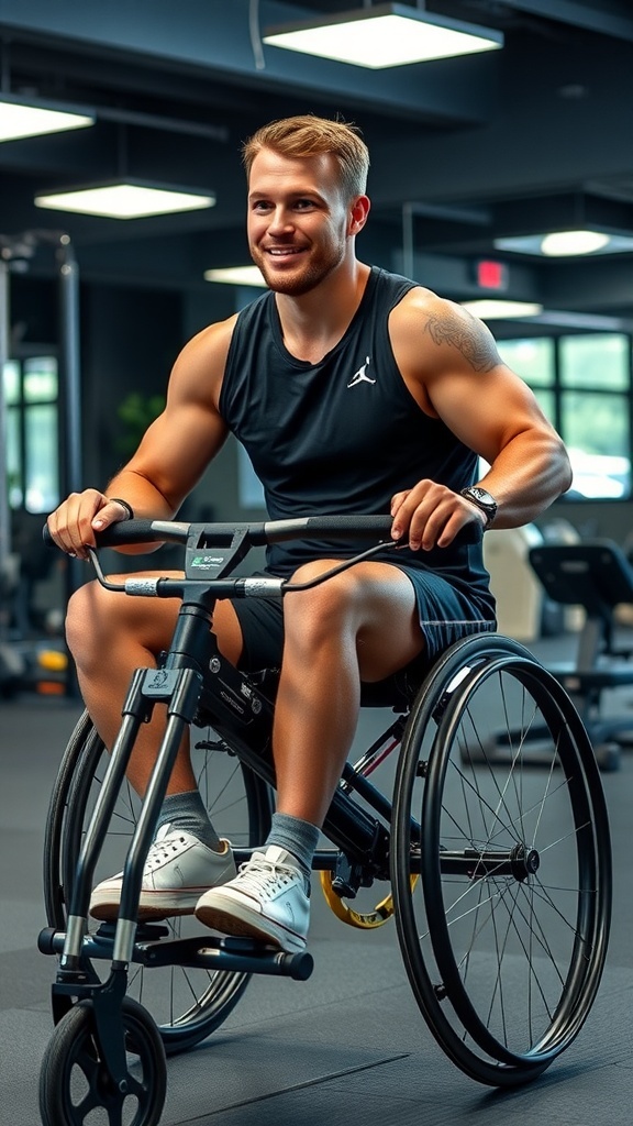 A modern wheelchair in a gym setting with a colorful cosmic mural in the background.