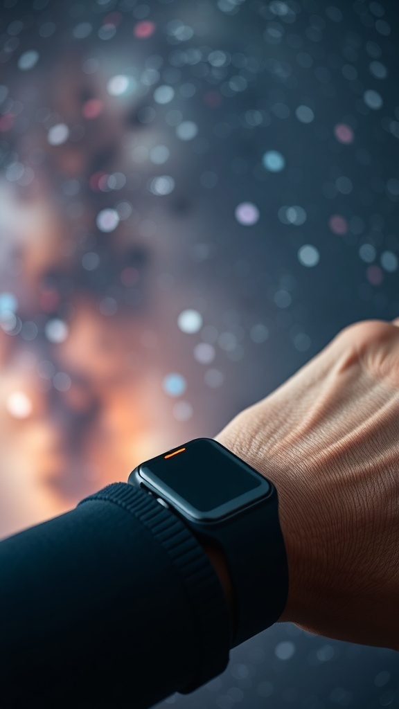 A close-up of a person's wrist wearing a sleek fitness tracker against a cosmic background.