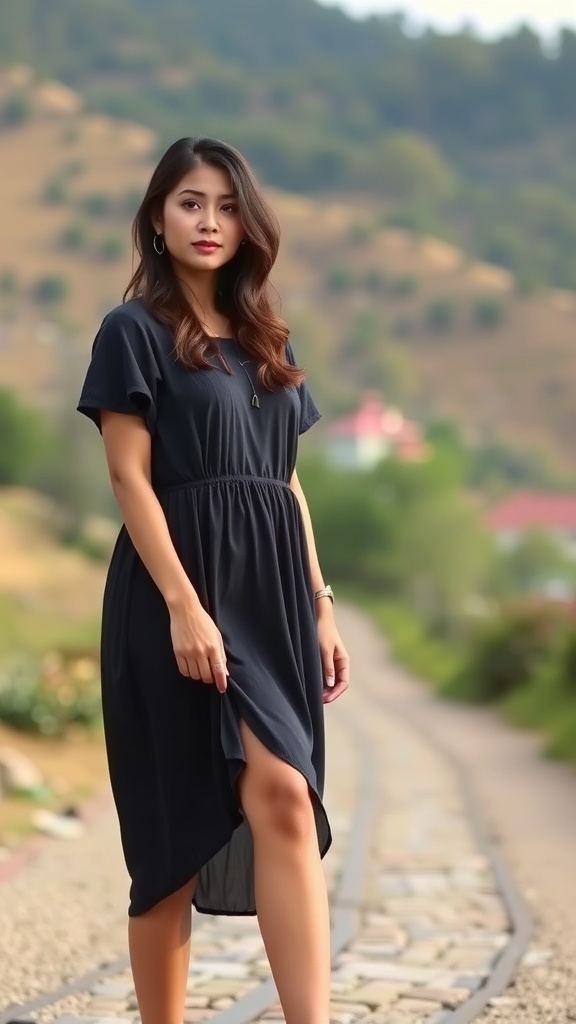 An elegant ankle-length dress displayed on a mannequin outdoors, surrounded by greenery and mountains.