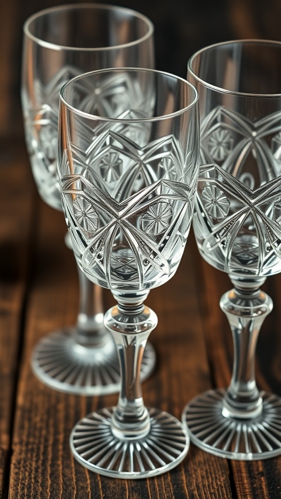 Three antique cut glass wine glasses on a wooden surface