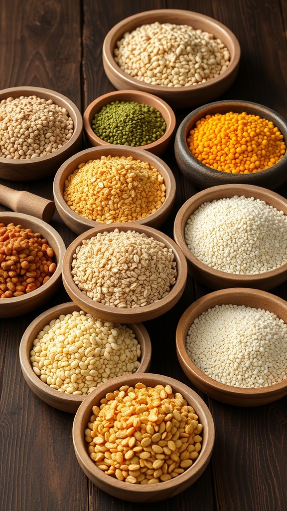 A variety of grains displayed in handcrafted pottery and wooden bowls on a wooden table.
