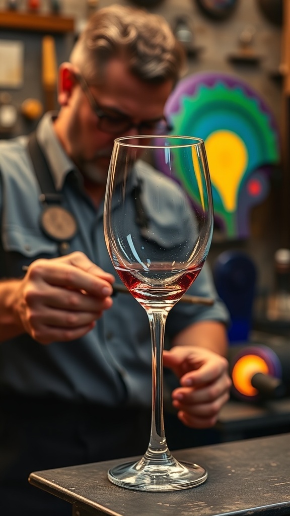 A glassblower crafting a vintage wine glass, showcasing the art of glassblowing.