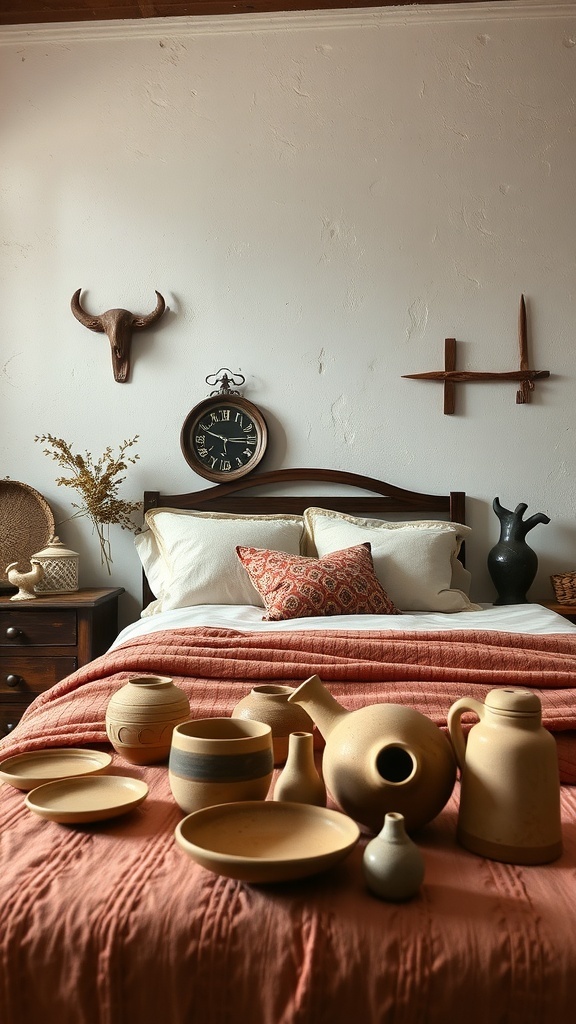 A collection of artisan pottery pieces arranged on a bed with warm-toned bedding and rustic decor.