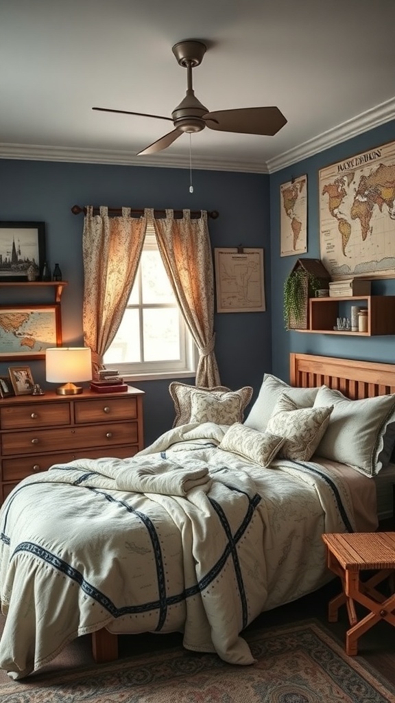A cozy bedroom inspired by Arya Stark, featuring map-patterned bedding, wooden furniture, and decorative maps on the walls.