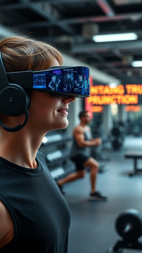 A person wearing augmented reality fitness glasses in a gym, with workout stats displayed on the glasses.