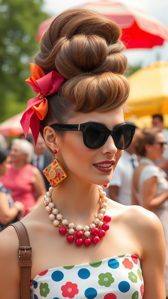 A woman with a beehive hairstyle, wearing oversized sunglasses and a polka dot dress, accessorized with a chunky necklace.