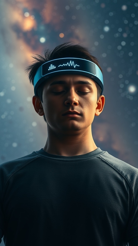 A person wearing a biometric feedback headband, displaying data on heart rate and brain activity, against a cosmic background.