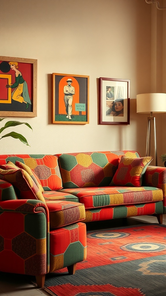 A vibrant 1960's style couch with bold hexagonal patterns in red, green, and yellow.