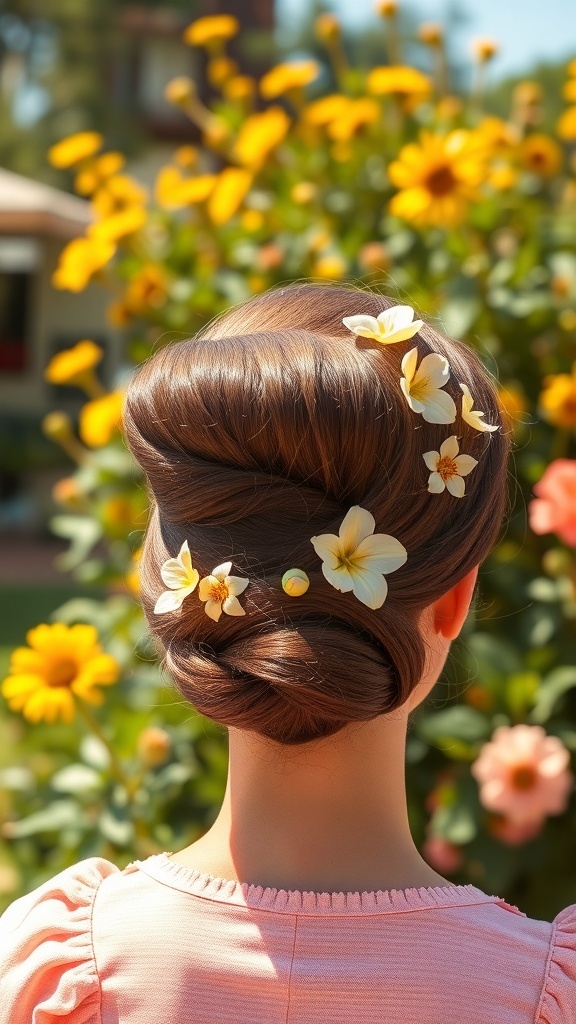A vintage 1960s updo hairstyle with flowers, set against a backdrop of bright yellow flowers.