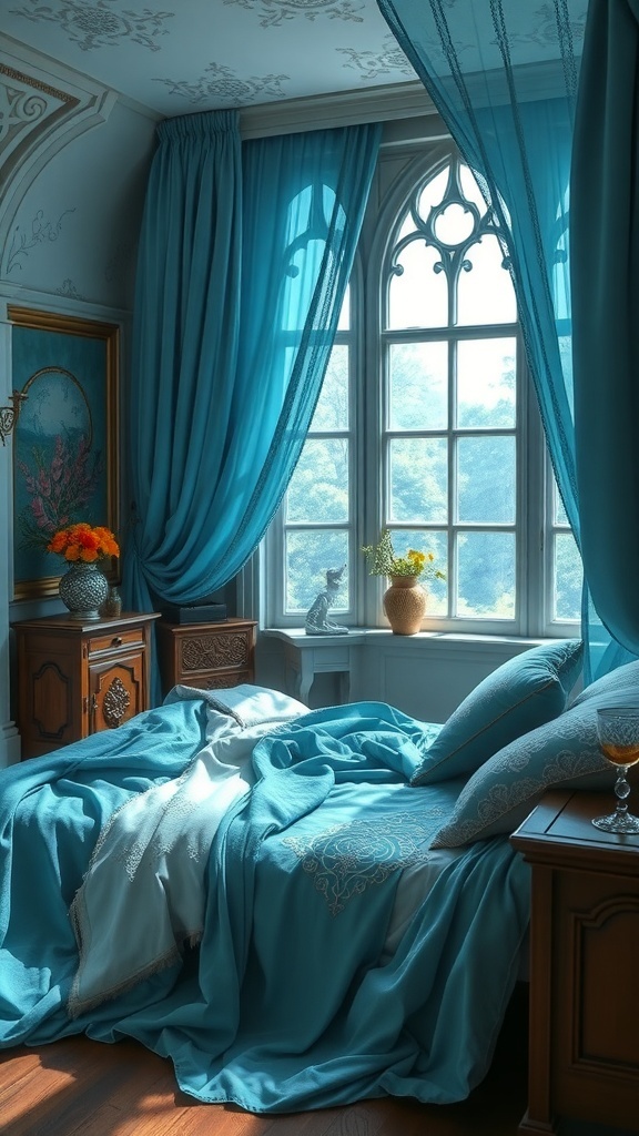 A cozy bedroom with blue curtains and bedding, large windows, and wooden furniture, inspired by Braavos.