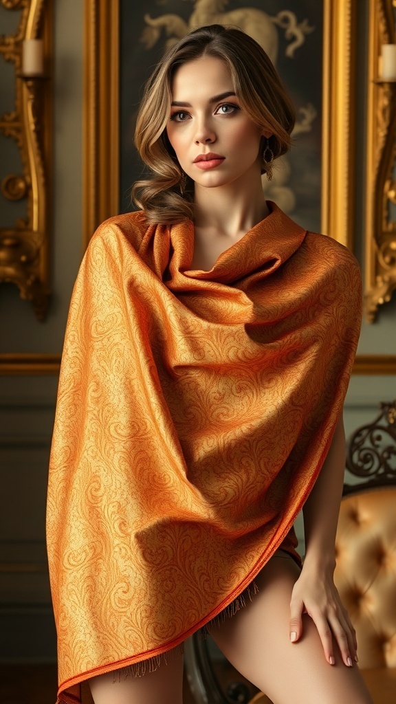 A golden brocade fabric with intricate patterns draped over a chair, showcasing its luxurious texture.