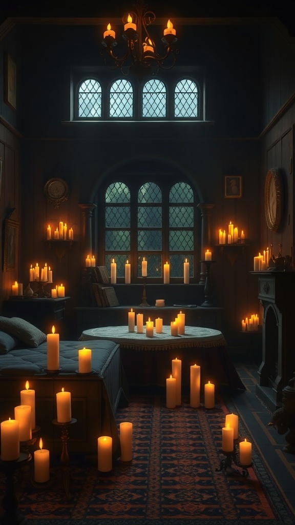 A cozy room filled with candles creating a warm and inviting atmosphere.