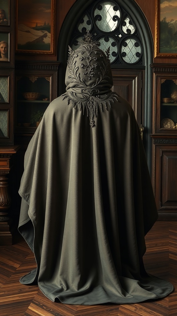 A person wearing a black embellished hooded cape, seated in an ornate room.